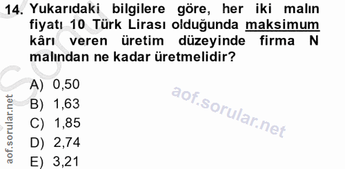 14. soru: Yukarıdaki bilgilere göre, her iki malın fiyatı 10 Türk Lirası olduğunda maksimum kârı veren üretim düzeyinde firma N…