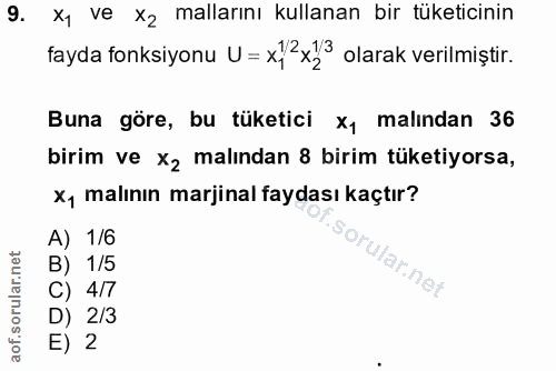 9. soru: X, ve X2 mallarını kullanan bir tüketicinin fayda fonksiyonu U = x12 x23 olarak verilmiştir. Buna göre, bu tüketici x…