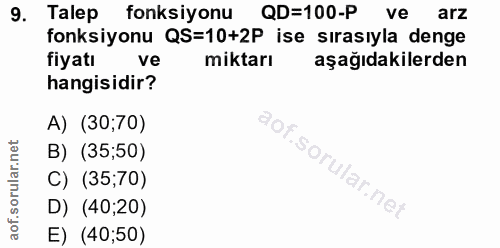 9. soru: Talep fonksiyonu QD=100-P ve arz fonksiyonu QS=10+2P ise sırasıyla denge fiyatı ve miktarı aşağıdakilerden hangisidir…