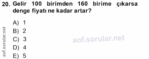 20. soru: Gelir 100 birimden 160 birime çıkarsa denge fiyatı ne kadar artar? A) 1 orular.net B) 2 C) 3 of. D) 4 E) 5