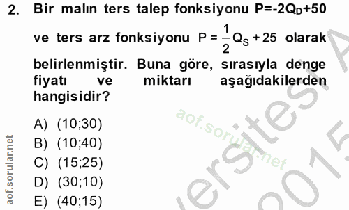 2. soru: Bir malın ters talep fonksiyonu P=-2QD+50 1 ve ters arz fonksiyonu P= -@g +25 olarak 2 belirlenmiştir. Buna göre, sır…
