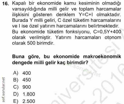 16. soru: Kapalı bir ekonomide kamu kesiminin olmadığı varsayıldığında milli gelir ve toplam harcamalar ilişkisini gösteren den…