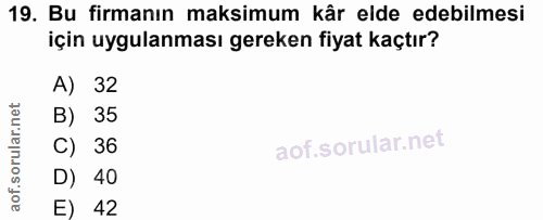 19. soru: Bu firmanın maksimum kâr elde edebilmesi için uygulanması gereken fiyat kaçtır? A) ) 32 B) 35 C) 36 D) 40 E) 42