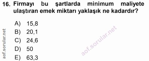 16. soru: Firmayı bu şartlarda minimum maliyete ulaştıran emek miktarı yaklaşık ne kadardır? 15,8 B) 20,1 C) 24,6 D) 50 E) 63,3
