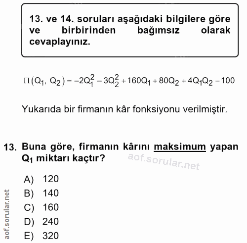 13. soru: ve 14. soruları aşağıdaki bilgilere göre ve birbirinden bağımsız olarak cevaplayınız. П (Q1, Q2) =-203 - 302 +160Q1 +…