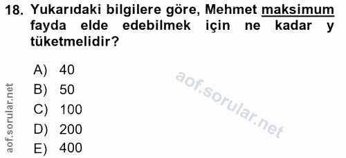 18. soru: Yukarıdaki bilgilere göre, Mehmet maksimum fayda elde edebilmek için ne kadar y tüketmelidir? A) 40 B) 50 C) 100 D) 2…