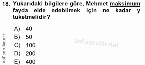 18. soru: Yukarıdaki bilgilere göre, Mehmet maksimum fayda elde edebilmek için ne kadar y tüketmelidir? A) 40 B) 50 C) 100 D) 2…