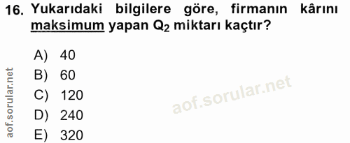 16. soru: Yukarıdaki bilgilere göre, firmanın kârını maksimum yapan Q2 miktarı kaçtır? A) 40 B) 60 C) 120 D) 240 E) 320