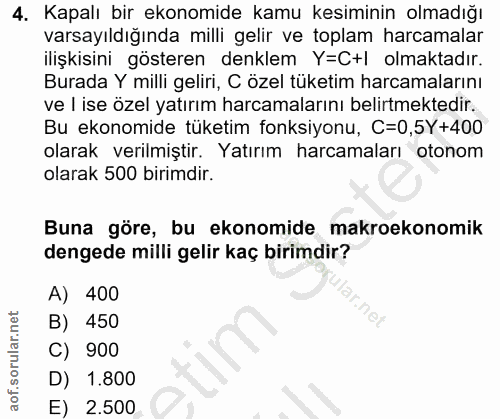 4. soru: Kapalı bir ekonomide kamu kesiminin olmadığı varsayıldığında milli gelir ve toplam harcamalar ilişkisini gösteren den…