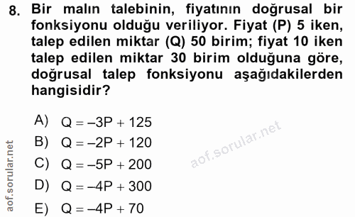 8. soru: Bir malın talebinin, fiyatının doğrusal bir fonksiyonu olduğu veriliyor. Fiyat (P) 5 iken, talep edilen miktar (Q) 50…