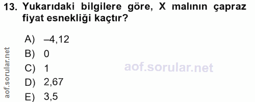 13. soru: Yukarıdaki bilgilere göre, X malının çapraz fiyat esnekliği kaçtır? A) -4,12 B) O C) 1 D) 2,67 E) 3,5