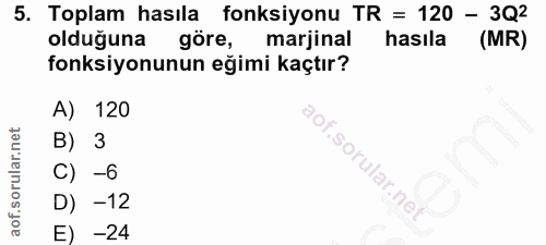 5. soru: Toplam hasıla fonksiyonu TR = 120 - 3Q2 olduğuna göre, marjinal hasıla (MR) fonksiyonunun eğimi kaçtır? A) 120 B) 3 C…