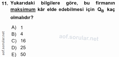 11. soru: Yukarıdaki bilgilere göre, bu firmanın maksimum kår elde edebilmesi için Qg kaç olmalıdır? A) 1 B) 4 C) 16 D) 25 E) 50