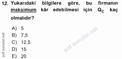12. soru: Yukarıdaki bilgilere göre, bu firmanın maksimum kâr edebilmesi için Qc kaç olmalıdır? A) 5 B) 7,5 C) 12,5 D) 15 E) 20