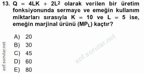 13. soru: Q = 4LK + 2L2 olarak verilen bir üretim fonksiyonunda sermaye ve emeğin kullanım miktarları sırasıyla K = 10 ve L = 5…