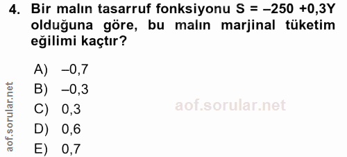 4. soru: Bir malın tasarruf fonksiyonu S = -250 +0,3Y olduğuna göre, bu malın marjinal tüketim eğilimi kaçtır? A) -0,7 B) -0,3…