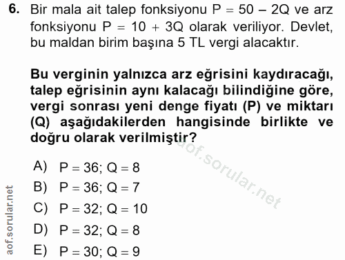 6. soru: Bir mala ait talep fonksiyonu P = 50 - 2Q ve arz fonksiyonu P = 10 + 3Q olarak veriliyor. Devlet, bu maldan birim baş…