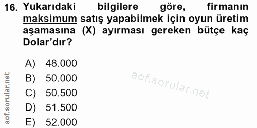 16. soru: Yukarıdaki bilgilere göre, firmanın maksimum satış yapabilmek için oyun üretim aşamasına (X) ayırması gereken bütçe k…