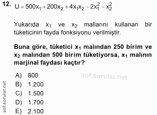 12. soru: U=500x,+200x2+4x,x2-2x7-x3 Yukarıda X1 ve X2 mallarını kullanan bir tüketicinin fayda fonksiyonu verilmiştir. Buna gö…