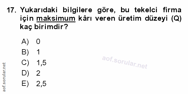 17. soru: Yukarıdaki bilgilere göre, bu tekelci firma için maksimum kârı veren üretim düzeyi (Q) kaç birimdir? A) 0 B) 1 C) 1,5…