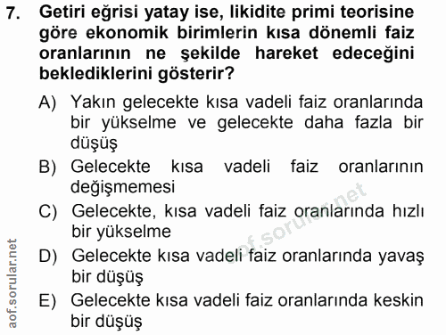 7. soru: Getiri eğrisi yatay ise, likidite primi teorisine göre ekonomik birimlerin kısa dönemli faiz oranlarının ne şekilde h…
