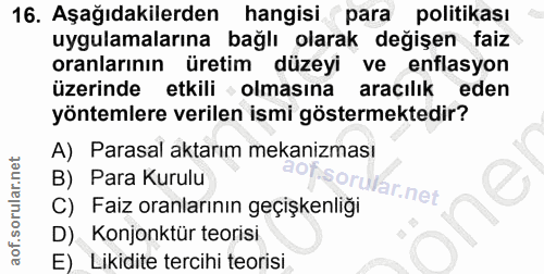 16. soru: Aşağıdakilerden hangisi para politikası uygulamalarına bağlı olarak değişen faiz oranlarının üretim düzeyi ve enflasy…