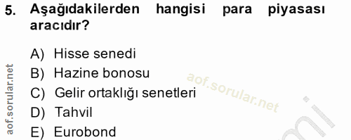 5. soru: Aşağıdakilerden hangisi para piyasası aracıdır? A) Hisse senedi B) Hazine bonosu C) Gelir ortaklığı senetleri D) Tahv…