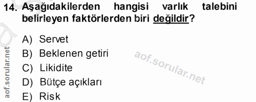 14. soru: Aşağıdakilerden hangisi varlık talebini belirleyen faktörlerden biri değildir? A) Servet B) Beklenen getiri C) Likidi…