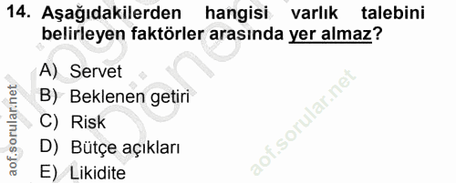 14. soru: Aşağıdakilerden hangisi varlık talebini belirleyen faktörler arasında yer almaz? A) Servet B) Beklenen getiri sorular…