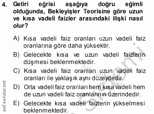 4. soru: Getiri eğrisi aşağıya doğru eğimli olduğunda, Bekleyişler Teorisine göre uzun ve kısa vadeli faizler arasındaki ilişk…