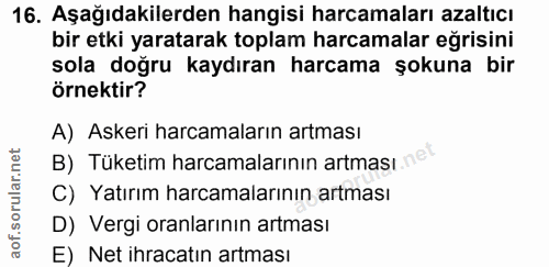 16. soru: Aşağıdakilerden hangisi harcamaları azaltıcı bir etki yaratarak toplam harcamalar eğrisini sola doğru kaydıran harcam…