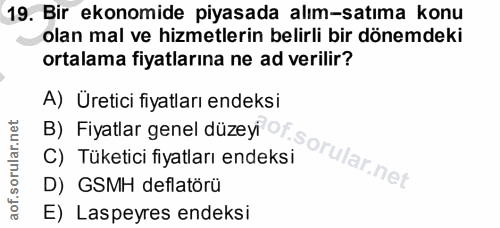 19. soru: Bir ekonomide piyasada alım-satıma konu olan mal ve hizmetlerin belirli bir dönemdeki ortalama fiyatlarına ne ad veri…