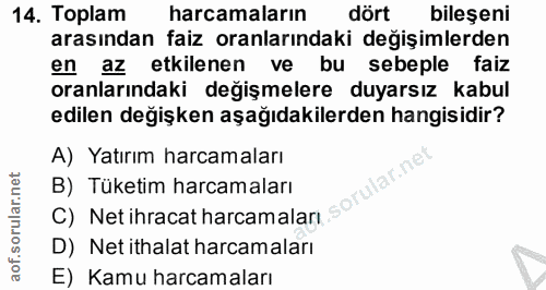 14. soru: Toplam harcamaların dört bileşeni arasından faiz oranlarındaki değişimlerden en az etkilenen ve bu sebeple faiz oranl…