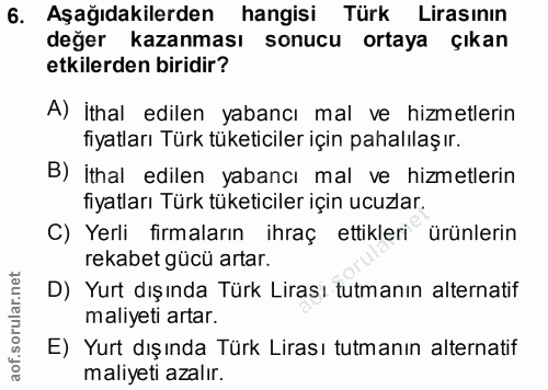 6. soru: Aşağıdakilerden hangisi Türk Lirasının değer kazanması sonucu ortaya çıkan etkilerden biridir? A) İthal edilen yabanc…