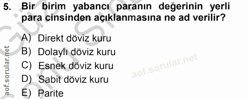 5. soru: Bir birim yabancı paranın değerinin yerli para cinsinden açıklanmasına ne ad verilir? A) Direkt döviz kuru B) Dolaylı…