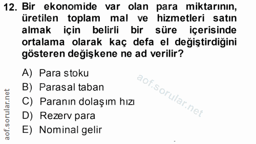12. soru: Bir ekonomide var olan para miktarının, üretilen toplam mal ve hizmetleri satın almak için belirli bir süre içerisind…