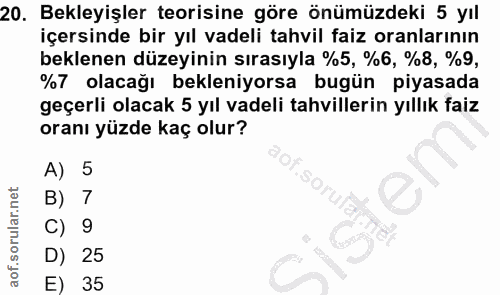 20. soru: Bekleyişler teorisine göre önümüzdeki 5 yıl içersinde bir yıl vadeli tahvil faiz oranlarının beklenen düzeyinin sıras…