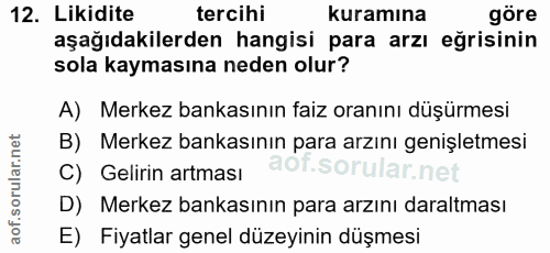 12. soru: Likidite tercihi kuramına göre aşağıdakilerden hangisi para arzı eğrisinin sola kaymasına neden olur? A) Merkez banka…