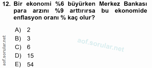 12. soru: Bir ekonomi %6 büyürken Merkez Bankası para arzını %9 arttırırsa bu ekonomide enflasyon oranı % kaç olur? A) 2 B) 3 6…