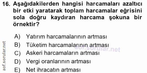 16. soru: Aşağıdakilerden hangisi harcamaları azaltıcı bir etki yaratarak toplam harcamalar eğrisini sola doğru kaydıran harcam…