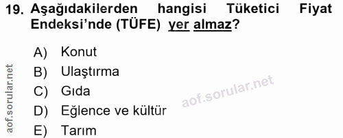 19. soru: Aşağıdakilerden hangisi Tüketici Fiyat Endeksi'nde (TUFE) yer almaz? A) Konut B) Ulaştırma C) Gıda D) Eğlence ve kült…