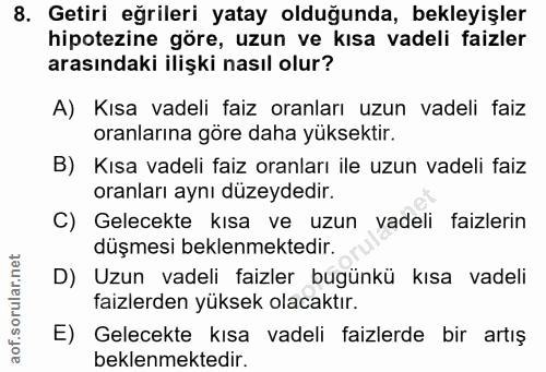 8. soru: Getiri eğrileri yatay olduğunda, bekleyişler hipotezine göre, uzun ve kısa vadeli faizler arasındaki ilişki nasıl olu…