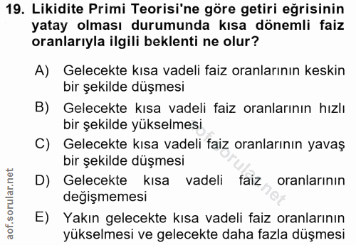 19. soru: Likidite Primi Teorisi'ne göre getiri eğrisinin yatay olması durumunda kısa dönemli faiz oranlarıyla ilgili beklenti…
