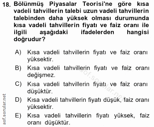 18. soru: Bölünmüş Piyasalar Teorisi'ne göre kısa vadeli tahvillerin talebi uzun vadeli tahvillerin talebinden daha yüksek olma…