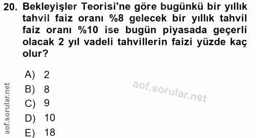 20. soru: Bekleyişler Teorisi'ne göre bugünkü bir yıllık tahvil faiz oranı %8 gelecek bir yıllık tahvil faiz oranı %10 ise bugü…