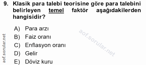 9. soru: Klasik para talebi teorisine göre para talebini belirleyen temel faktör aşağıdakilerden hangisidir? A) Para arzı B) F…
