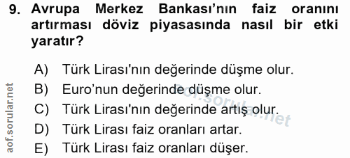 9. soru: Avrupa Merkez Bankası'nın faiz oranını artırması döviz piyasasında nasıl bir etki yaratır? A) Türk Lirası'nın değerin…