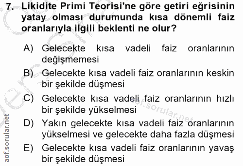 7. soru: Likidite Primi Teorisi'ne göre getiri eğrisinin yatay olması durumunda kısa dönemli faiz oranlarıyla ilgili beklenti…