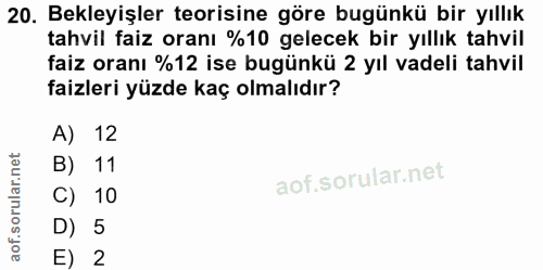 20. soru: Bekleyişler teorisine göre bugünkü bir yıllık tahvil faiz oranı %10 gelecek bir yıllık tahvil faiz oranı %12 ise bugü…