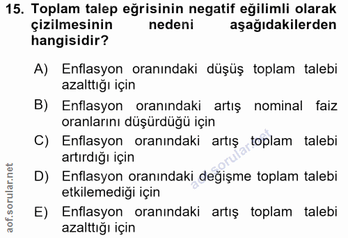15. soru: Toplam talep eğrisinin negatif eğilimli olarak çizilmesinin nedeni aşağıdakilerden hangisidir? A) Enflasyon oranındak…